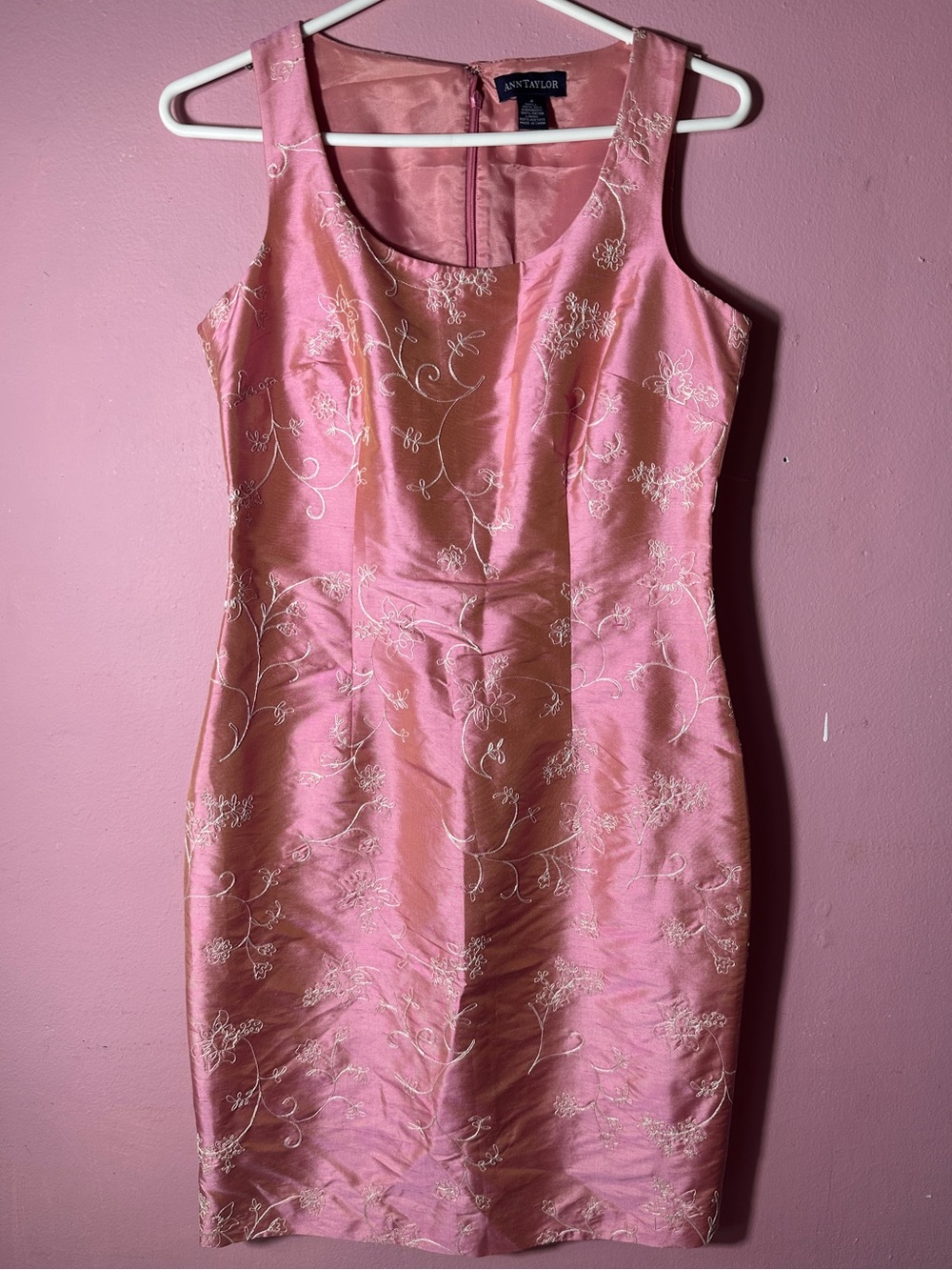 Vintage Ann Taylor Raw Silk Pink Floral-Embroidered Midi Sheath Dress